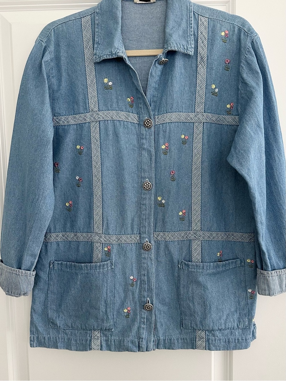 Vintage Light Blue Denim Floral & Stripe Embroidered Button Down Shirt - Teacher